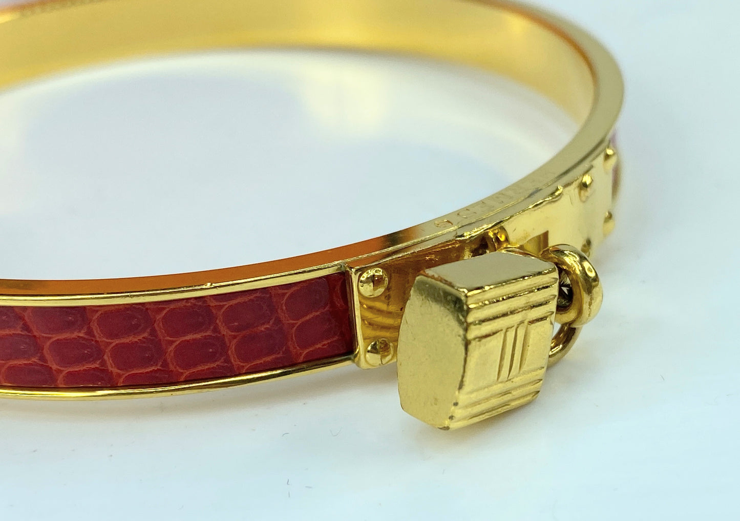 Vintage Hermes Epsom Kelly Lock Cadena Bracelet Rouge Casaque s8.25 GS628