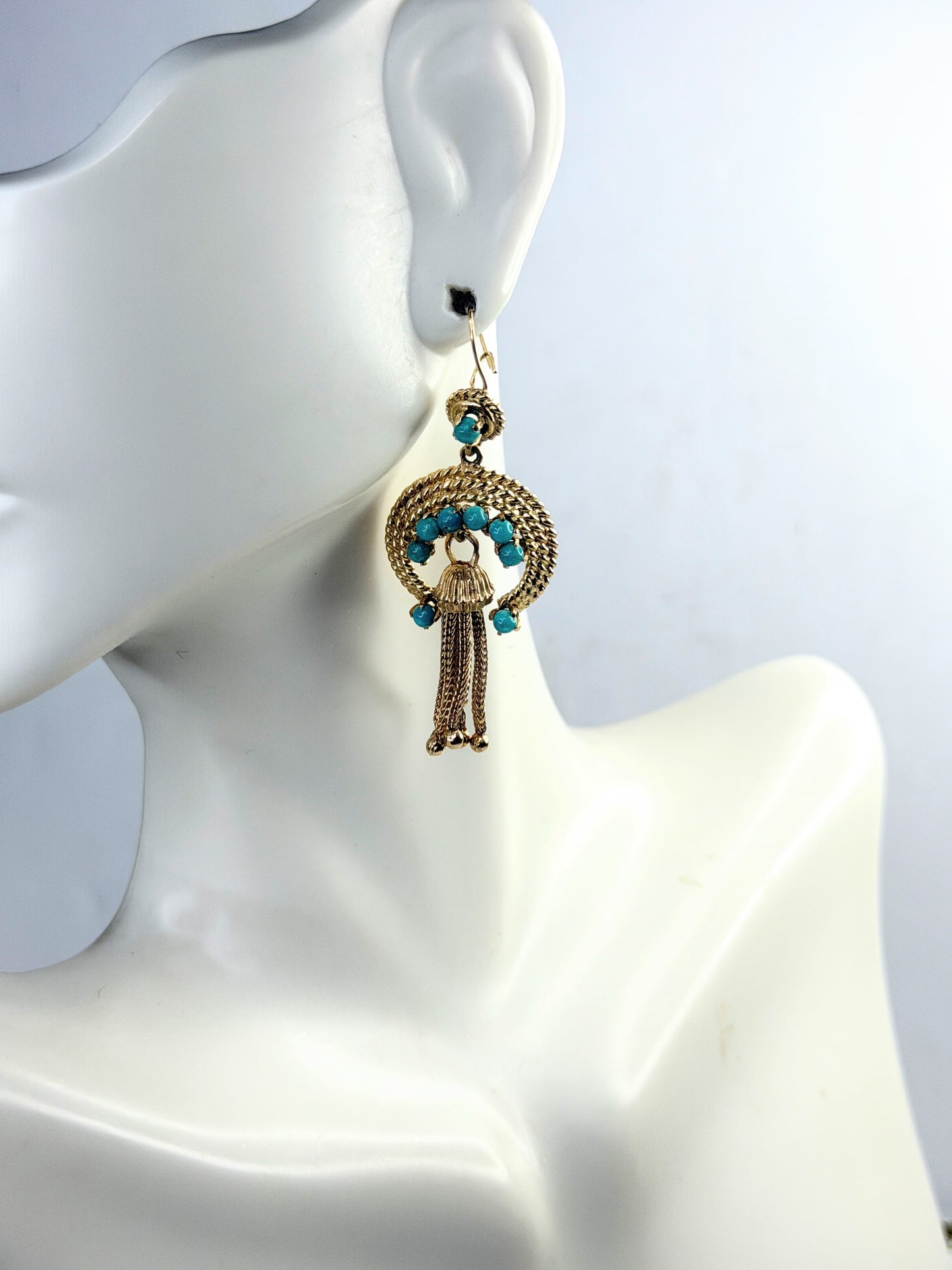 Antique 18K Gold Turquoise Bead Tassel Drop Earrings 2.5mm