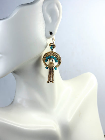 Antique 18K Gold Turquoise Bead Tassel Drop Earrings 2.5mm