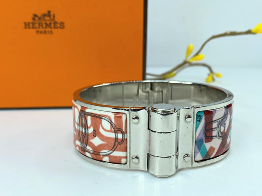 Vintage Hermès 22mm Multiple colors enamel Silver -tone bangle with box GS629