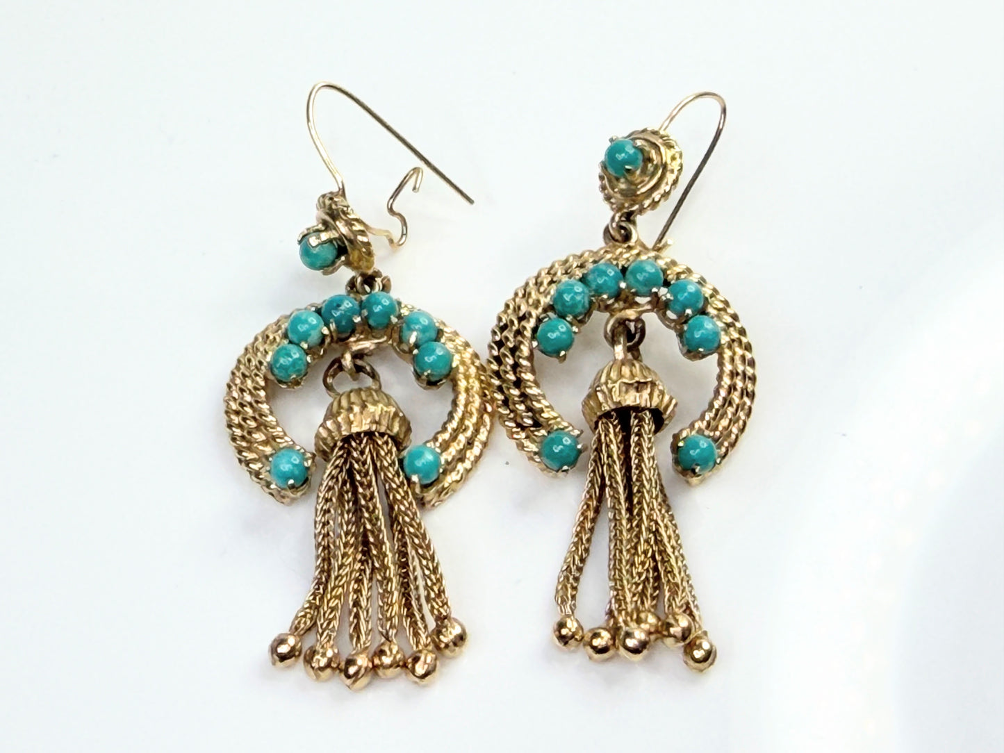 Antique 18K Gold Turquoise Bead Tassel Drop Earrings 2.5mm