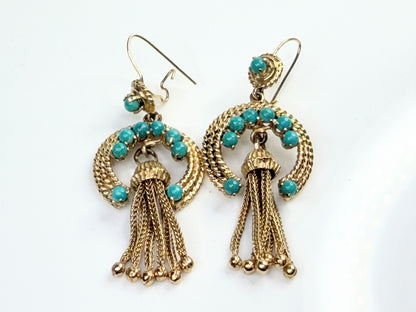 Antique 18K Gold Turquoise Bead Tassel Drop Earrings 2.5mm