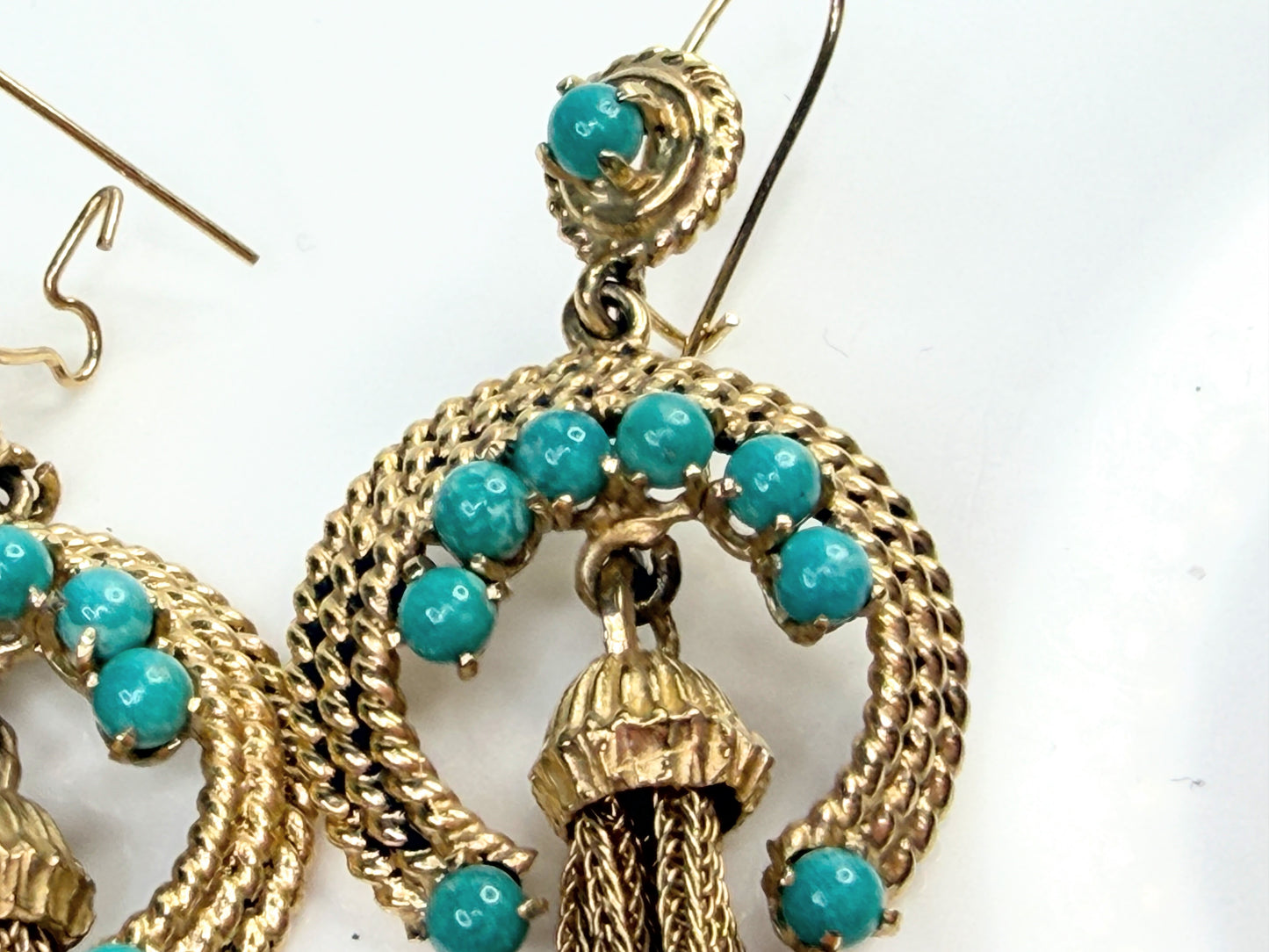 Antique 18K Gold Turquoise Bead Tassel Drop Earrings 2.5mm