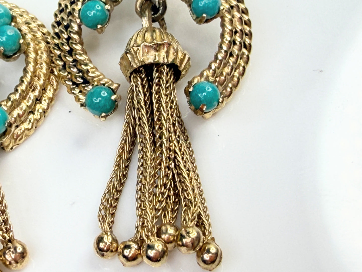 Antique 18K Gold Turquoise Bead Tassel Drop Earrings 2.5mm