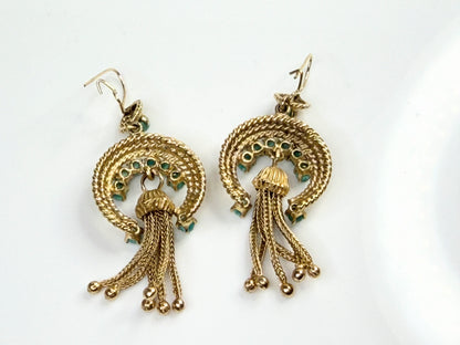Antique 18K Gold Turquoise Bead Tassel Drop Earrings 2.5mm