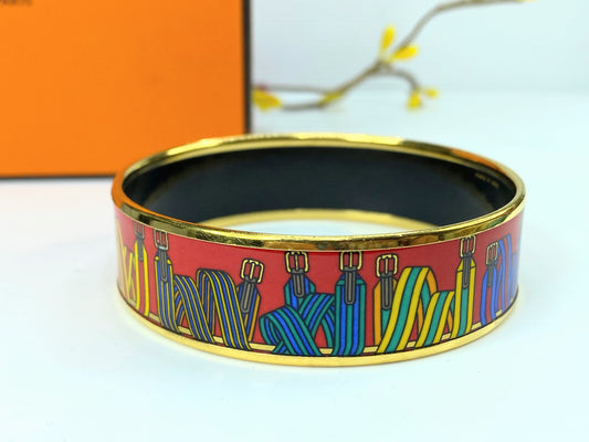 Estate Hermes Enamel "Les Sangles" 18.25mm Gold-Plated Bangle 7" with box GS630