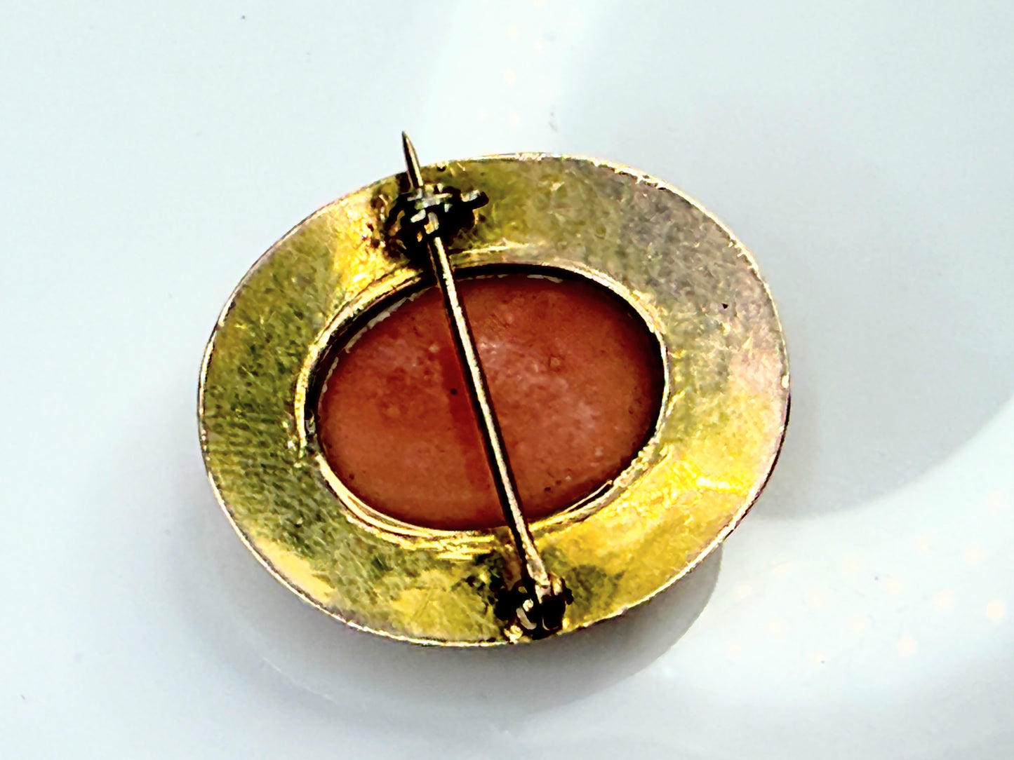 Antique 14K Gold Carved Coral Cameo Brooch C-Clasp 1.2"