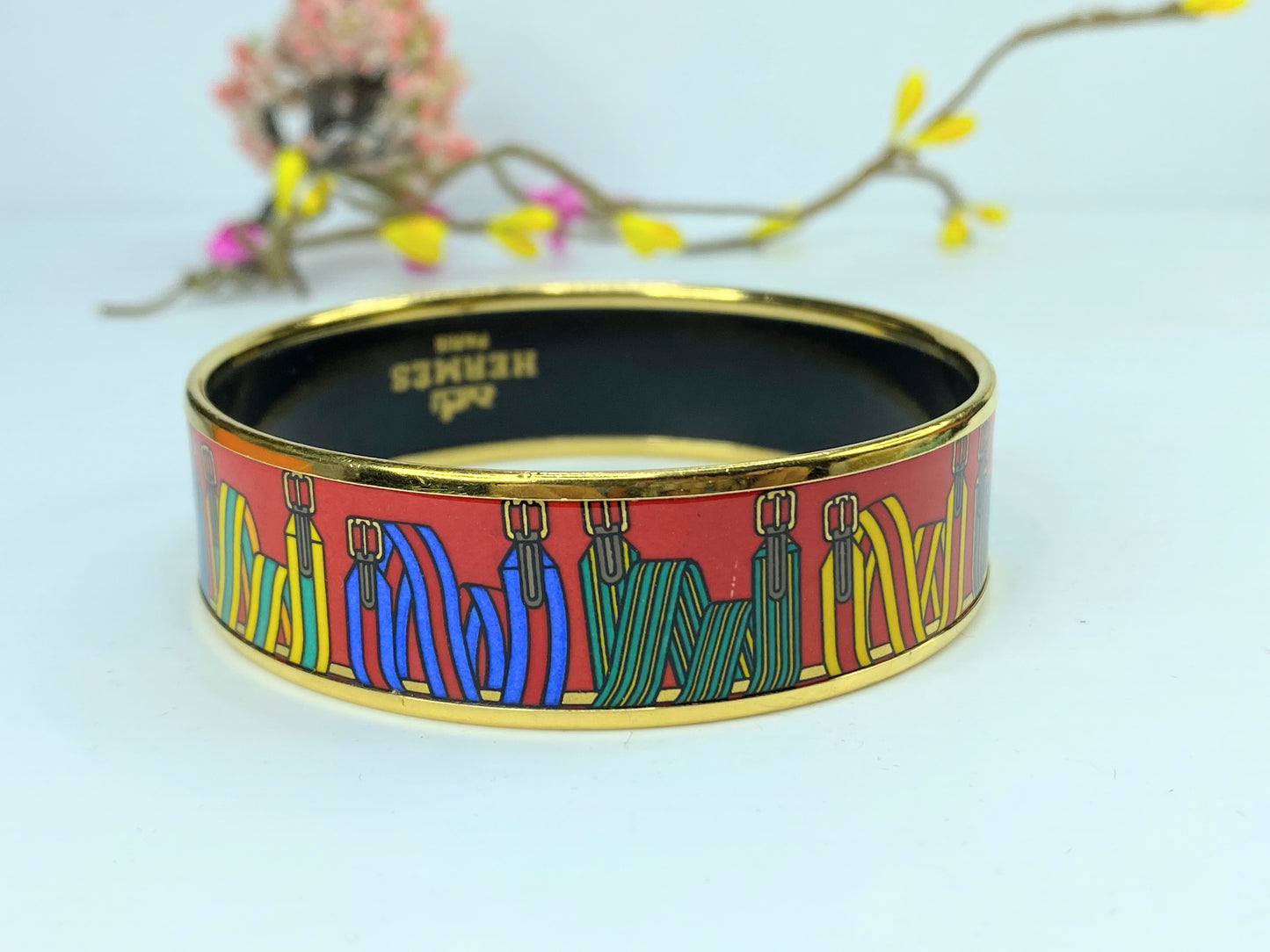 Estate Hermes Enamel "Les Sangles" 18.25mm Gold-Plated Bangle 7" with box GS630