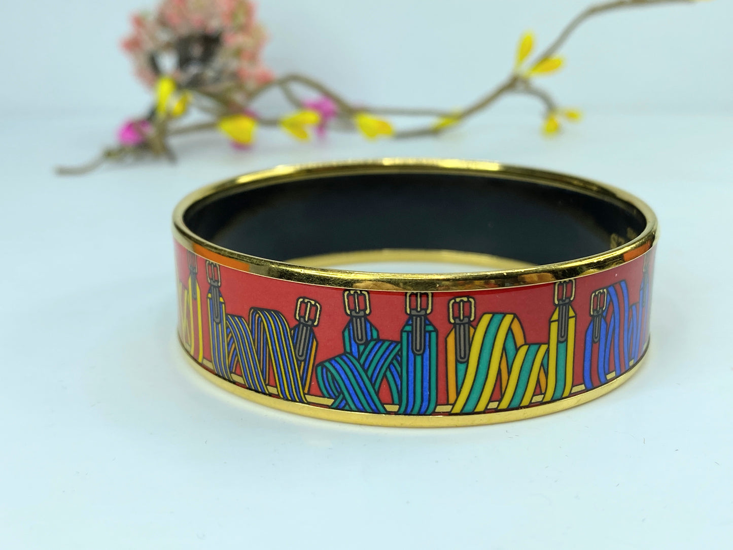 Estate Hermes Enamel "Les Sangles" 18.25mm Gold-Plated Bangle 7" with box GS630