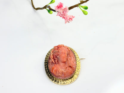 Antique Victorian 14K Gold Carved Coral Cameo Brooch 1.2"