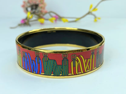 Estate Hermes Enamel "Les Sangles" 18.25mm Gold-Plated Bangle 7" with box GS630