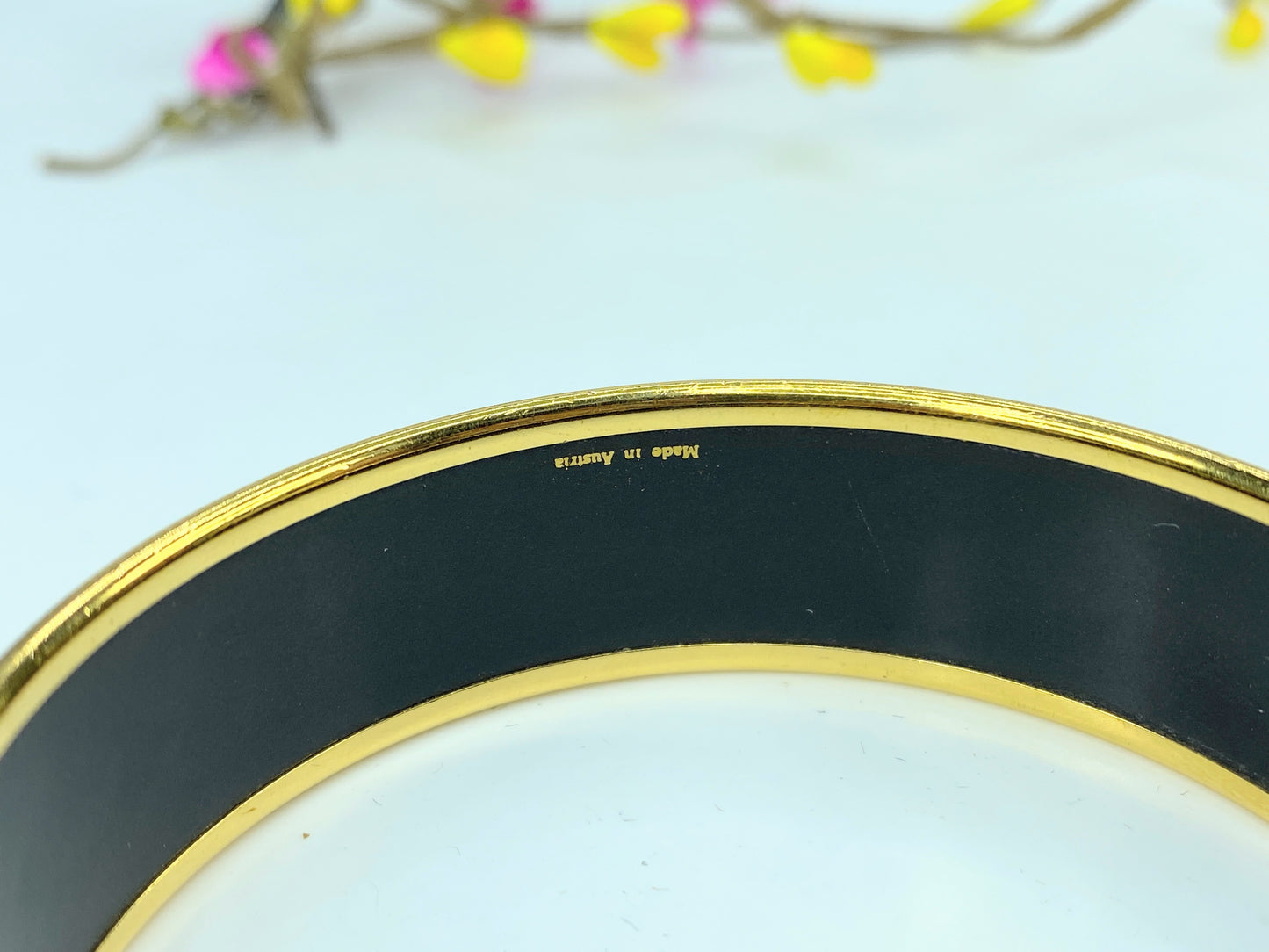 Estate Hermes Enamel "Les Sangles" 18.25mm Gold-Plated Bangle 7" with box GS630
