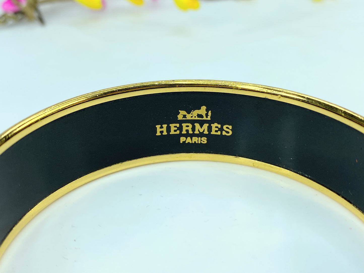 Estate Hermes Enamel "Les Sangles" 18.25mm Gold-Plated Bangle 7" with box GS630