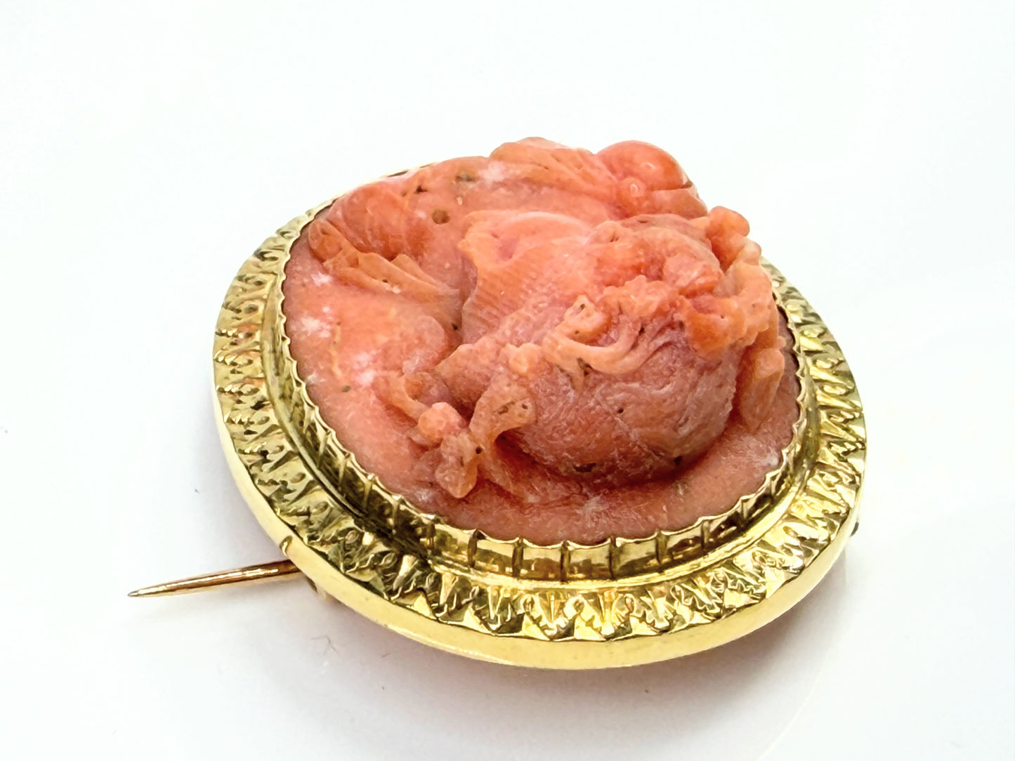 Antique Victorian 14K Gold Carved Coral Cameo Brooch 1.2"