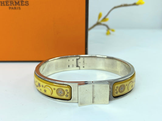 Estate Hermes Green Enamel Star Moon Thin Loquet Hinged Bangle w/box 6.25" GS631