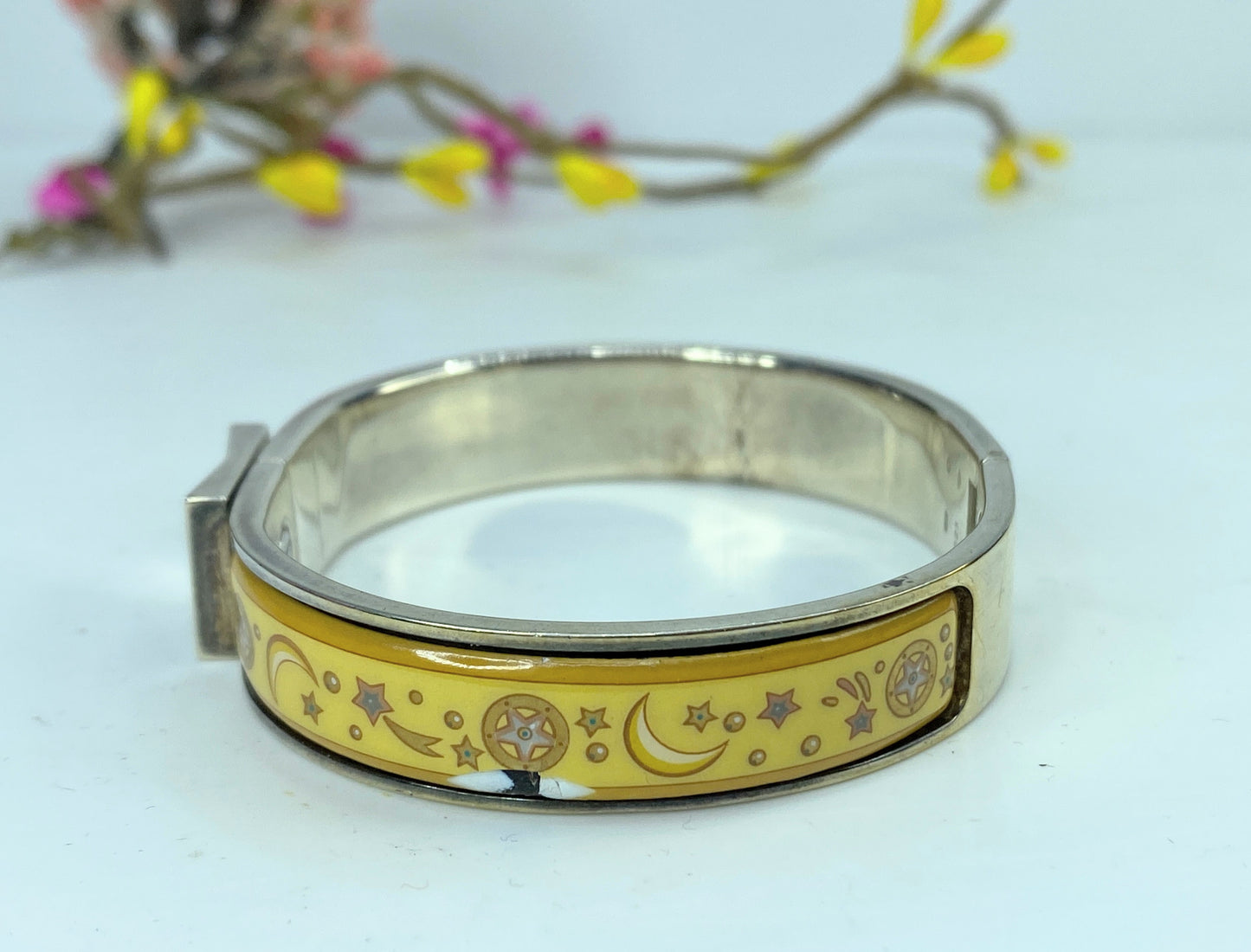 Estate Hermes Green Enamel Star Moon Thin Loquet Hinged Bangle w/box 6.25" GS631