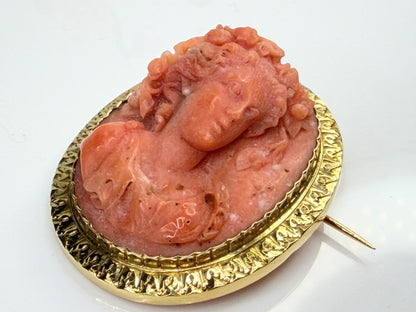 Antique Victorian 14K Gold Carved Coral Cameo Brooch 1.2"