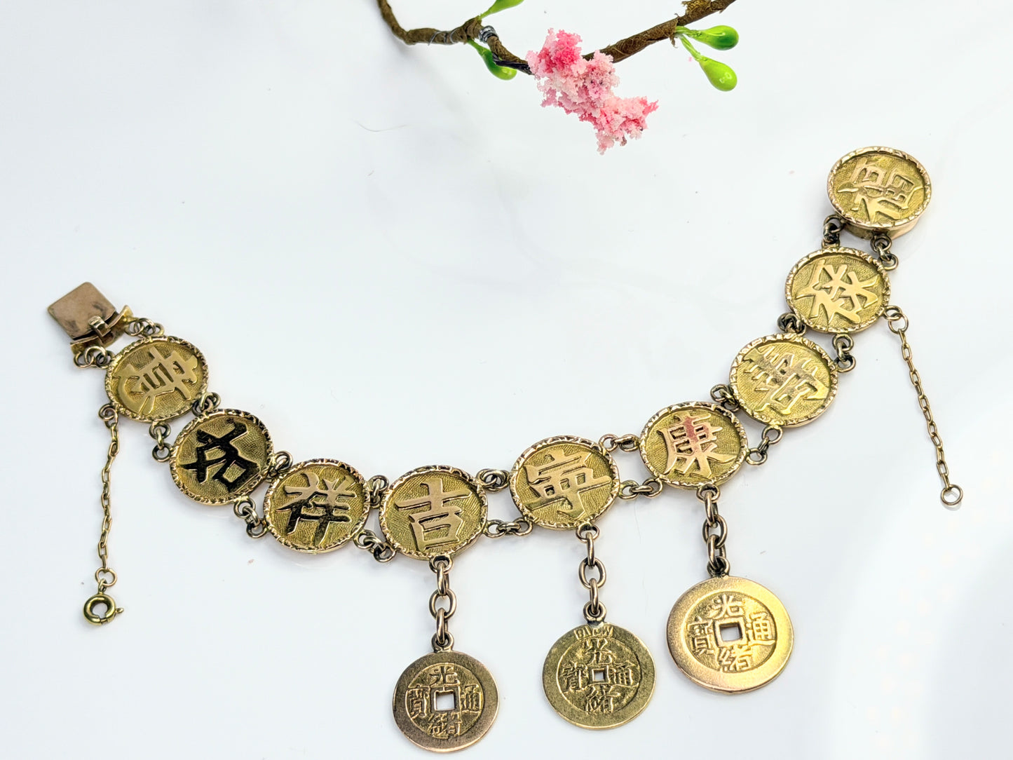 Vintage Chinese Character Lucky Coin Charm Gold Bracelet Custom
