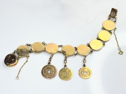 Vintage Chinese Character Lucky Coin Charm Gold Bracelet Custom