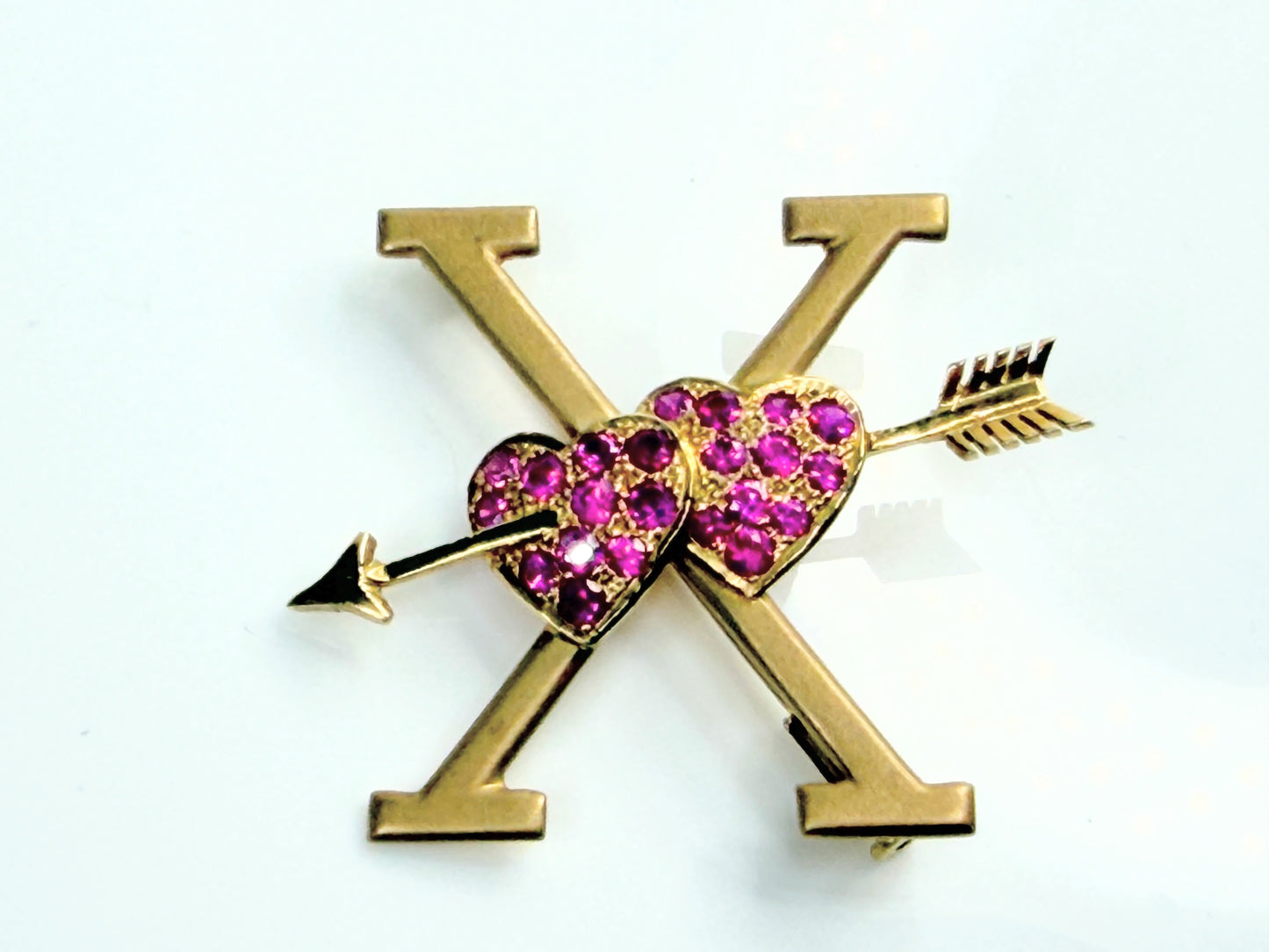 Antique 18K Ruby Double Heart Arrow XO Brooch 1.5" JR1472