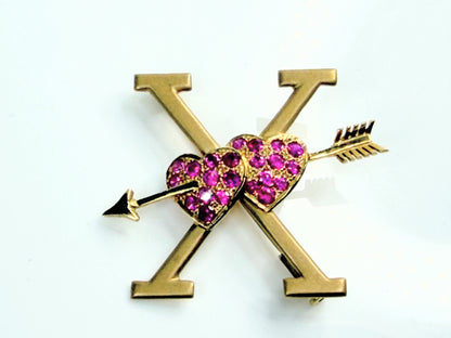 Antique 18K Ruby Double Heart Arrow XO Brooch 1.5" JR1472
