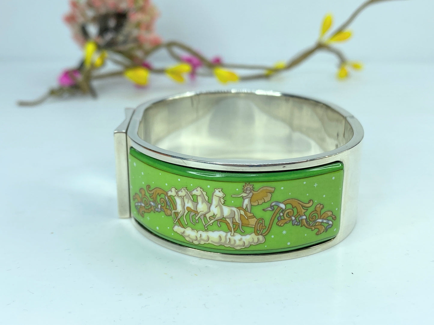 Estate Hermès Helios print clic clac bracelet 20mm enamel silver tone 6.5" GS632