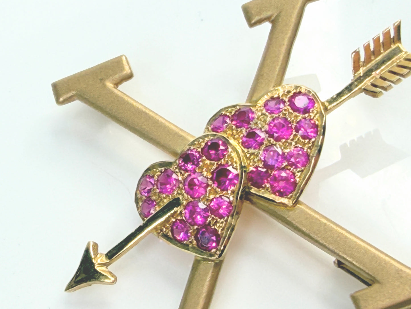 Antique 18K Ruby Double Heart Arrow XO Brooch 1.5" JR1472