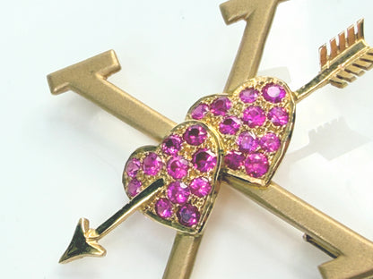 Antique 18K Ruby Double Heart Arrow XO Brooch 1.5" JR1472
