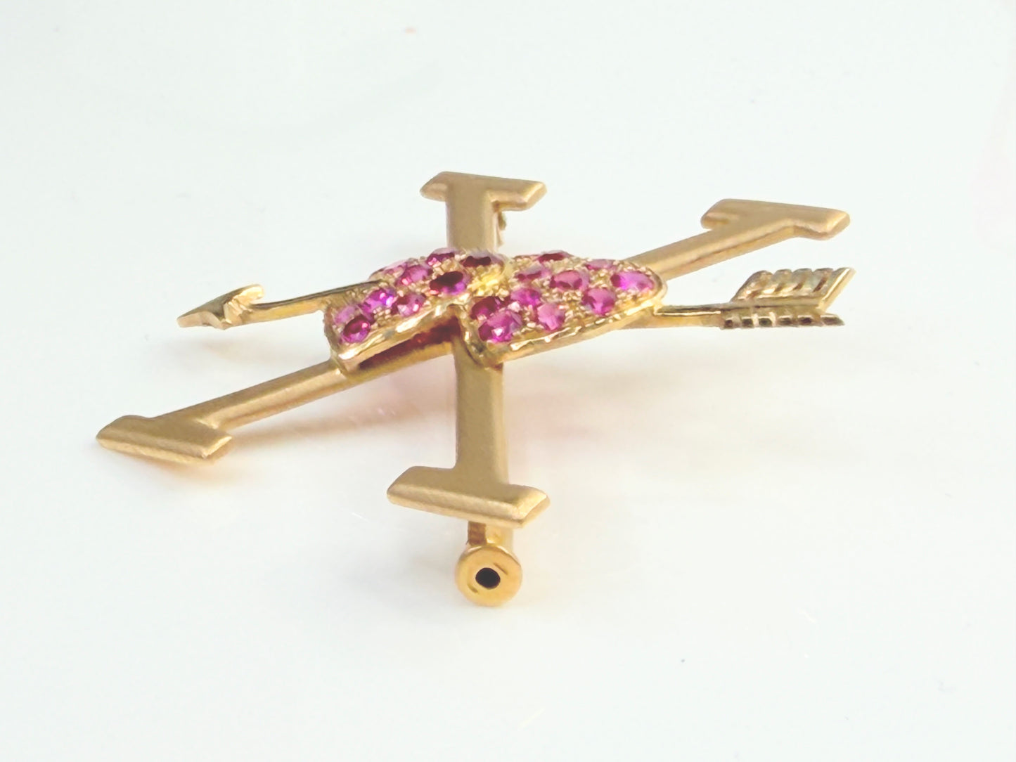 Antique 18K Ruby Double Heart Arrow XO Brooch 1.5" JR1472