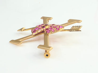 Antique 18K Ruby Double Heart Arrow XO Brooch 1.5" JR1472