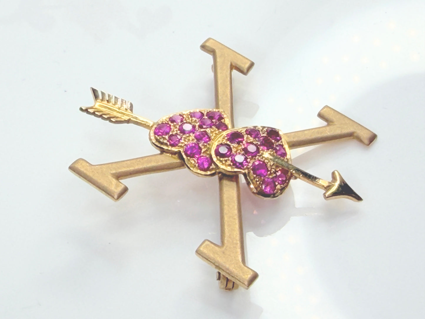 Antique 18K Ruby Double Heart Arrow XO Brooch 1.5" JR1472