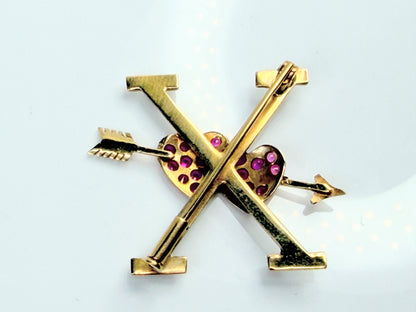 Antique 18K Ruby Double Heart Arrow XO Brooch 1.5" JR1472