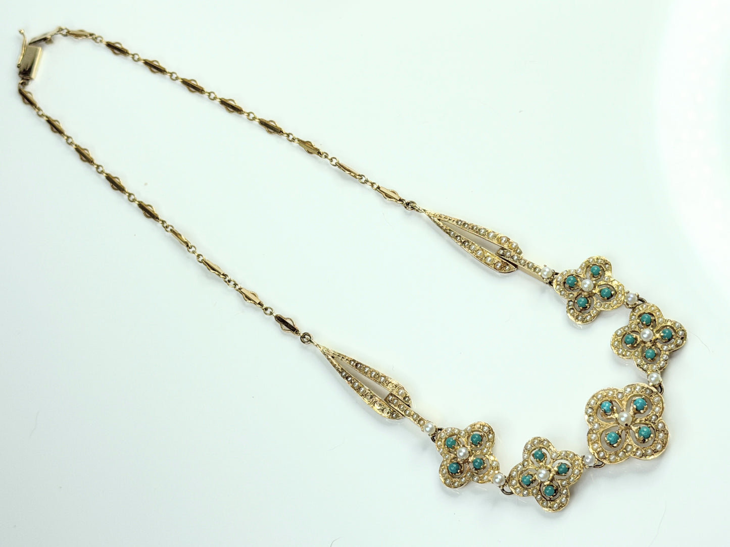 Antique 14K Turquoise Seed Pearl Quadfoil Festoon Necklace JR1473
