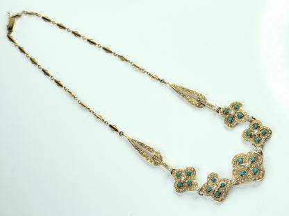 Antique 14K Turquoise Seed Pearl Quadfoil Festoon Necklace JR1473