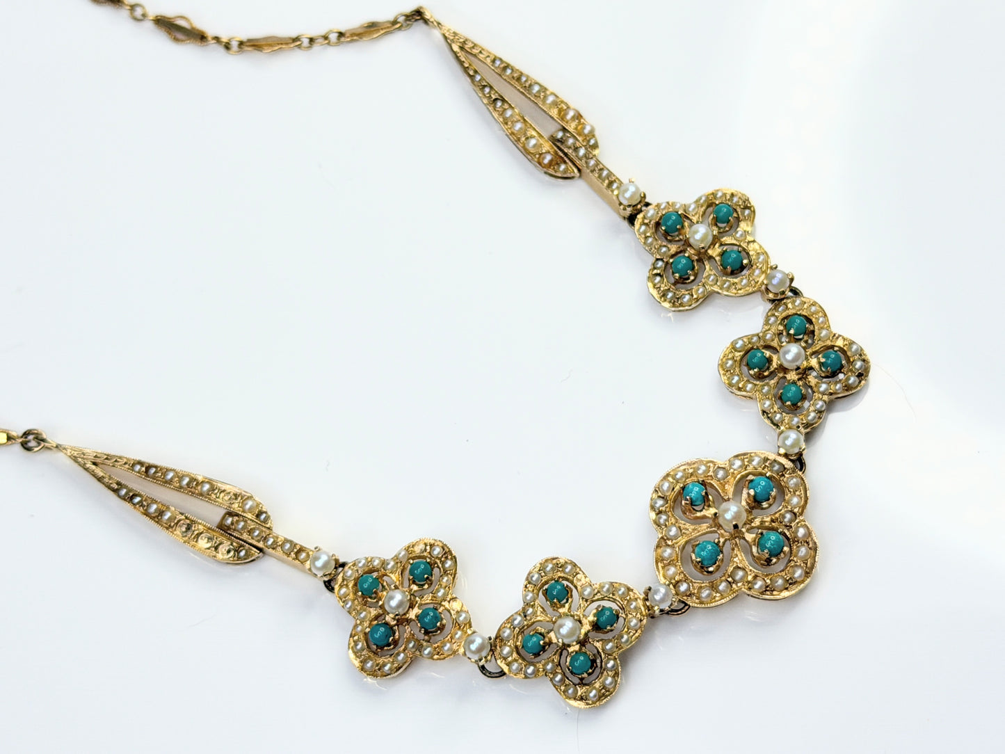 Antique 14K Turquoise Seed Pearl Quadfoil Festoon Necklace JR1473