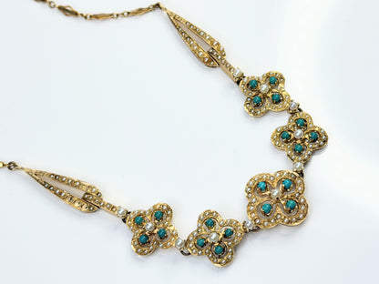 Antique 14K Turquoise Seed Pearl Quadfoil Festoon Necklace JR1473