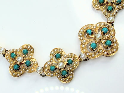 Antique 14K Turquoise Seed Pearl Quadfoil Festoon Necklace JR1473