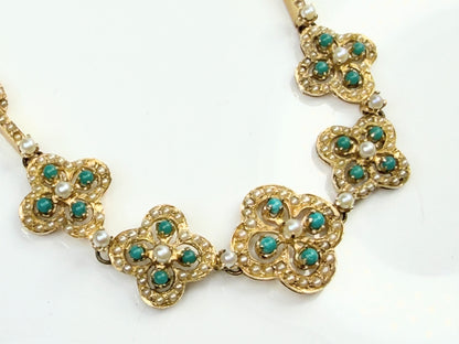 Antique 14K Turquoise Seed Pearl Quadfoil Festoon Necklace JR1473