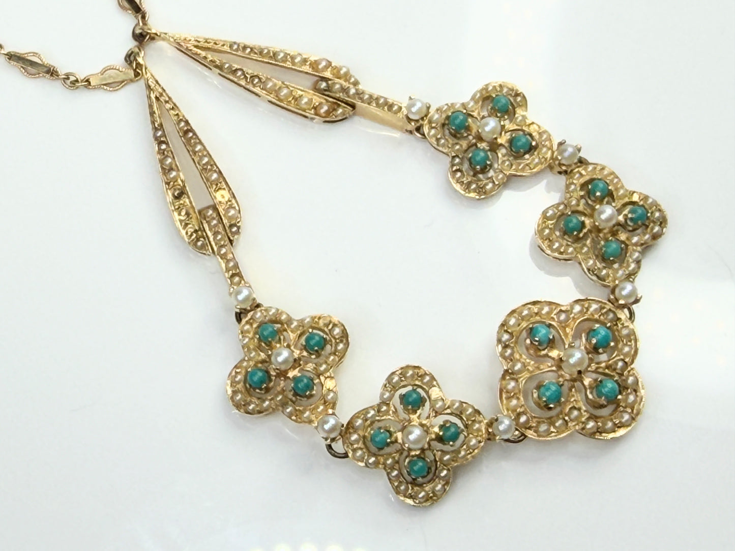 Antique 14K Turquoise Seed Pearl Quadfoil Festoon Necklace JR1473