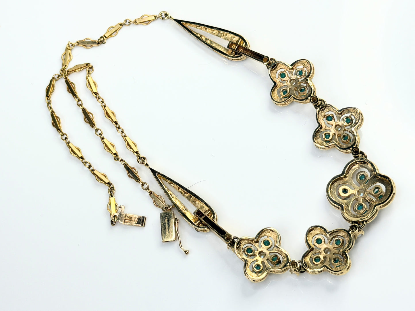 Antique 14K Turquoise Seed Pearl Quadfoil Festoon Necklace JR1473