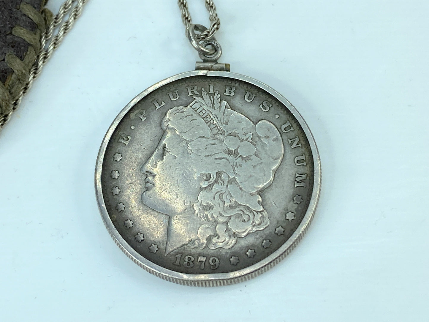 c1879 Morgan Silver pendant rope link necklace 24" x 1.5mm leather pouch JR934