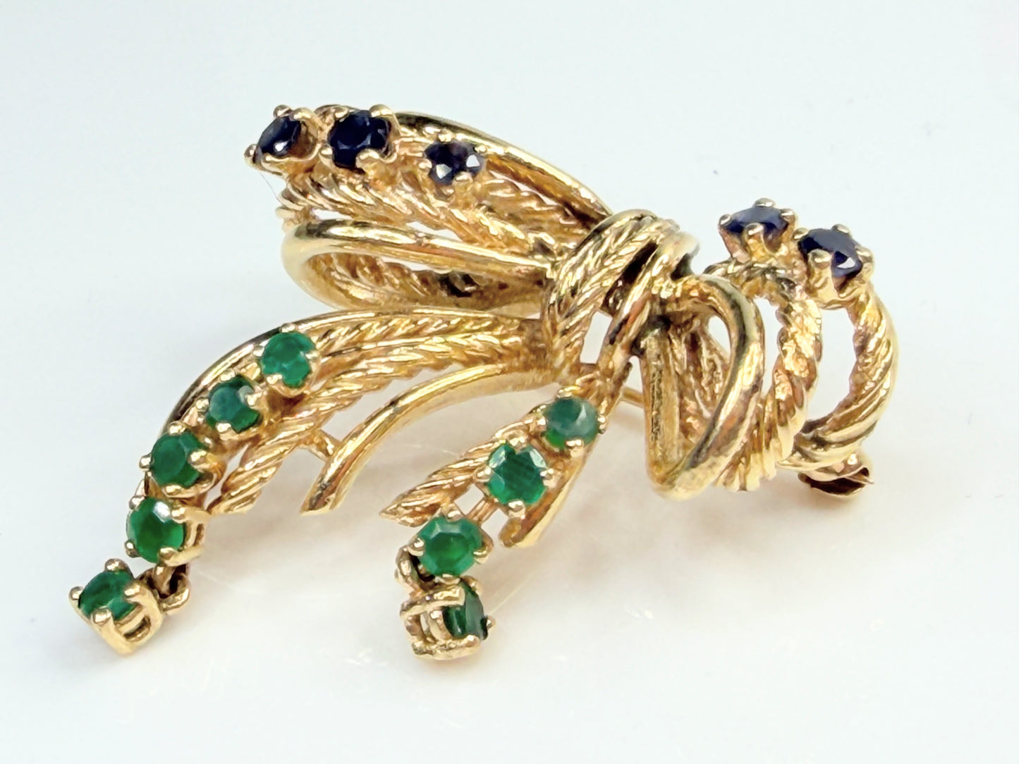 Vintage 14K Emerald Sapphire Ribbon Bow Brooch with Dangle JR1475