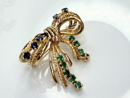 Vintage 14K Emerald Sapphire Ribbon Bow Brooch with Dangle JR1475
