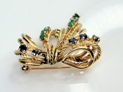 Vintage 14K Emerald Sapphire Ribbon Bow Brooch with Dangle JR1475