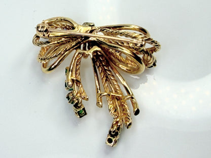 Vintage 14K Emerald Sapphire Ribbon Bow Brooch with Dangle JR1475