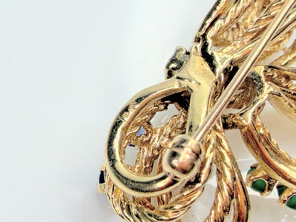 Vintage 14K Emerald Sapphire Ribbon Bow Brooch with Dangle JR1475