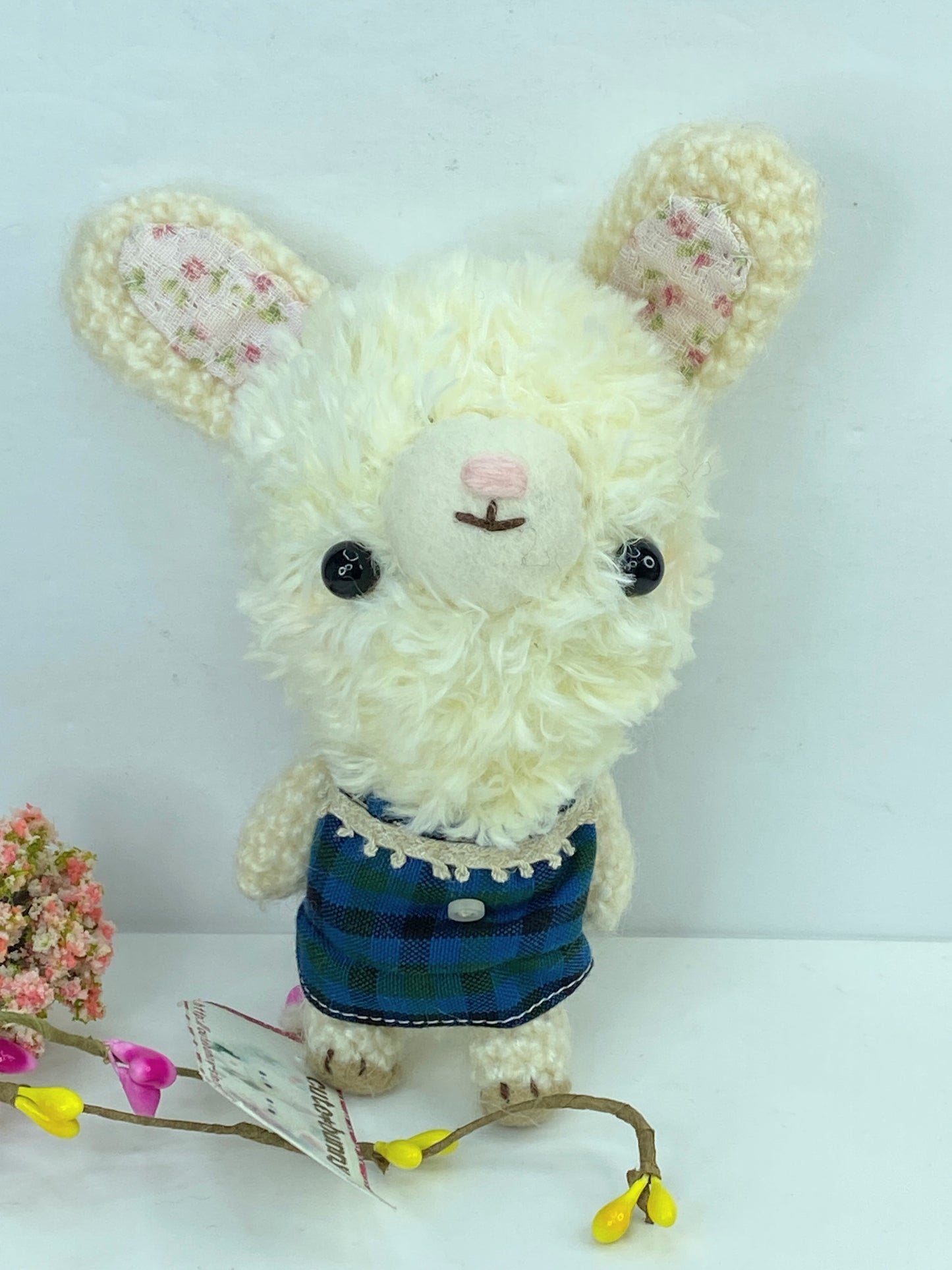 Japan handmade White hair Bunny plaid Romper doll 5.5" New A387