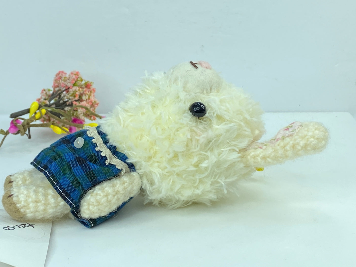 Japan handmade White hair Bunny plaid Romper doll 5.5" New A387