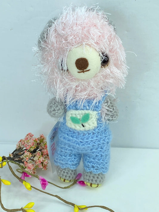 Japan handmade Pink mohair Bear blue crochet Romper 6" A388