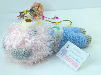 Japan handmade Pink mohair Bear blue crochet Romper 6" A388